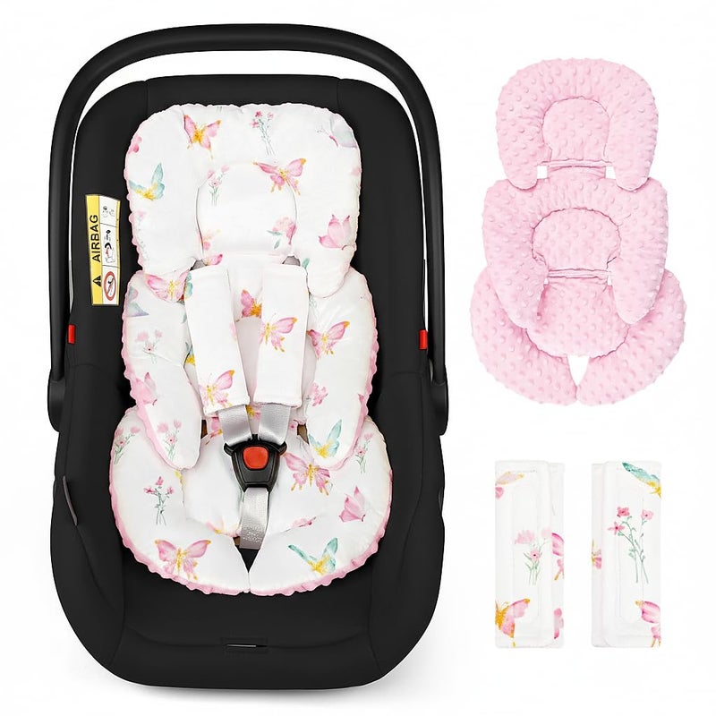 WINGHENLEE Infant Car Seat Insert for Newborn Girls Boys Reversible Baby Carseat Head Support with Strap Pads Soft Baby Car Seat Insert Cushion Pad for Stroller Bouncer Swing High Chair Pink Butterfly - Image 2