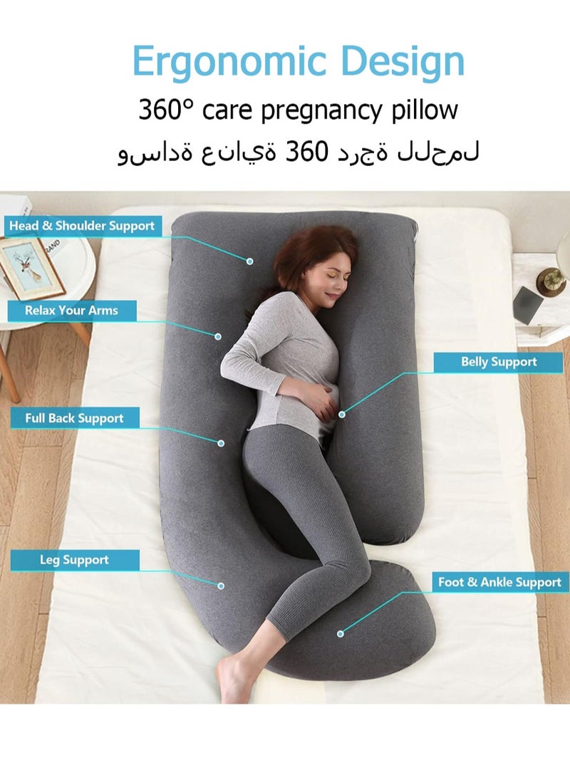 مخدة الحمل مخدة حوامل وسادة الحمل على شكل حرف U من لدعم الجسم بالكامل اثناء فترة مع غطاء مخملي مبرد وقابل للاستبدال بحجم 60 انش رمادي داكن قماش جورسيه - Image 2