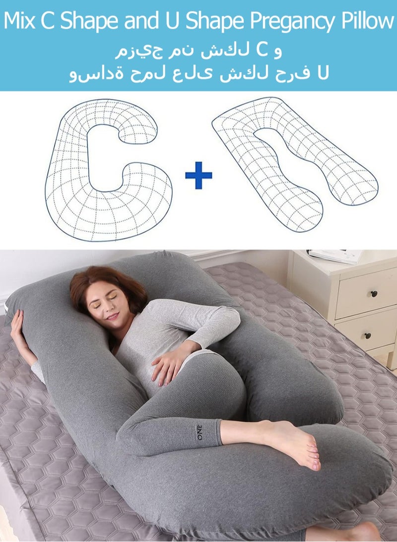 مخدة الحمل مخدة حوامل وسادة الحمل على شكل حرف U من لدعم الجسم بالكامل اثناء فترة مع غطاء مخملي مبرد وقابل للاستبدال بحجم 60 انش رمادي داكن قماش جورسيه - Image 4