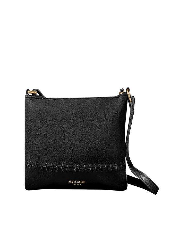 Accessorize London Women's Black Stitch Detail Sling Bag with Adjustable Strap| crossbody sling bag for women stylish|Ladies everyday use sling bag|Shoulder bag for woman - Image 1