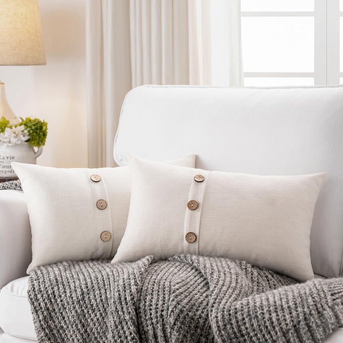 SET OF 2 IVORY LUMBAR PILLOW COVERS 12 X 20 FARMHOUSE BOHO PILLOW COVERS WITH COCONUT BUTTONS FOR SOFA COUCH LIVING ROOM BEDROOM FARMHOUSE DCOR FOR THE HOME