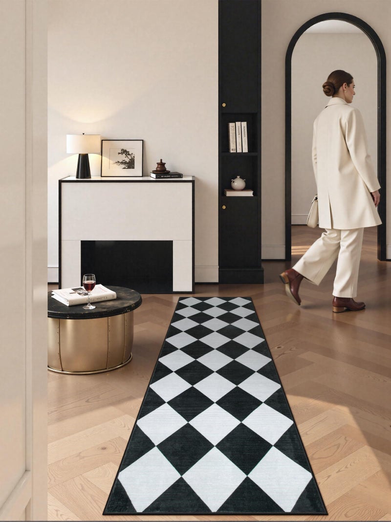Beeiva Checkered Print Black Bathroom Runner Rug 2x6, Washable Ultra Thin Non Slip Laundry Room Rug Moroccan Stain Resistant Kitchen Runner, Modern Trellis Carpet for Hallway Bedroom Entryway Decor - Image 3