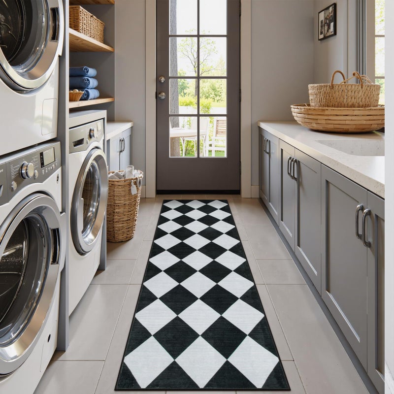 Beeiva Checkered Print Black Bathroom Runner Rug 2x6, Washable Ultra Thin Non Slip Laundry Room Rug Moroccan Stain Resistant Kitchen Runner, Modern Trellis Carpet for Hallway Bedroom Entryway Decor - Image 4