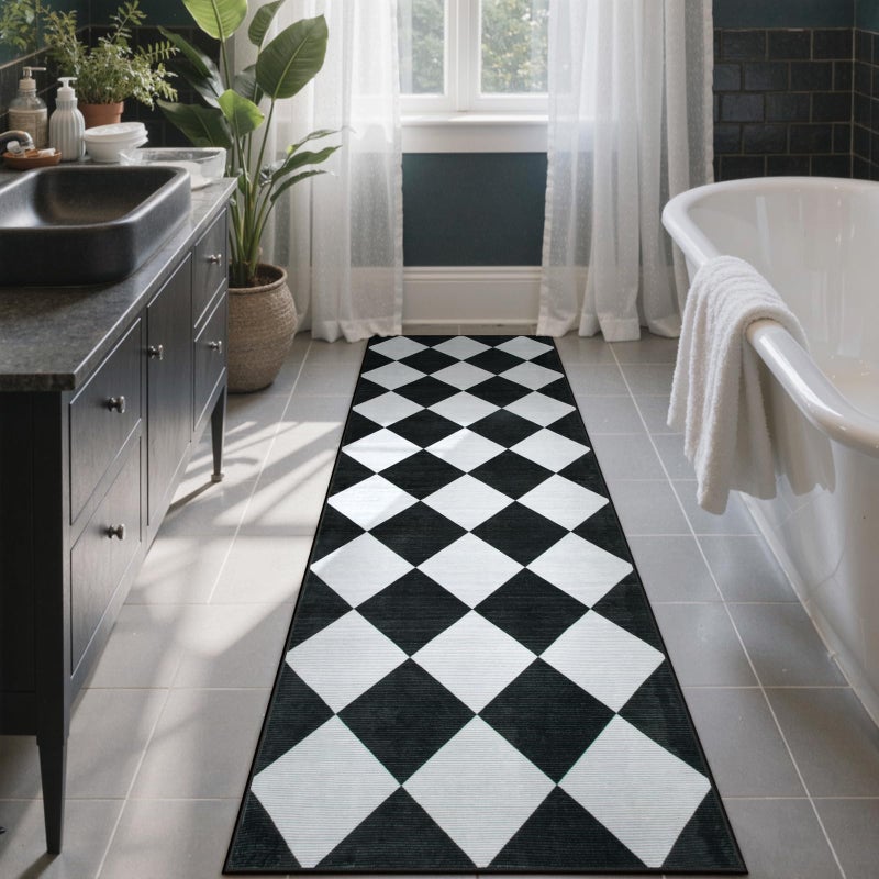 Beeiva Checkered Print Black Bathroom Runner Rug 2x6, Washable Ultra Thin Non Slip Laundry Room Rug Moroccan Stain Resistant Kitchen Runner, Modern Trellis Carpet for Hallway Bedroom Entryway Decor - Image 1