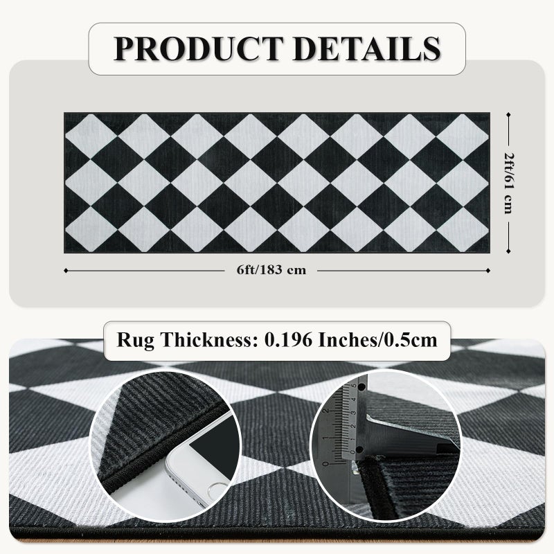 Beeiva Checkered Print Black Bathroom Runner Rug 2x6, Washable Ultra Thin Non Slip Laundry Room Rug Moroccan Stain Resistant Kitchen Runner, Modern Trellis Carpet for Hallway Bedroom Entryway Decor - Image 5