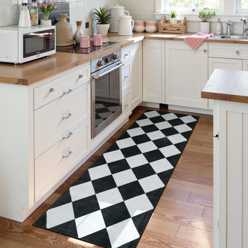 Beeiva Checkered Print Black Bathroom Runner Rug 2x6, Washable Ultra Thin Non Slip Laundry Room Rug Moroccan Stain Resistant Kitchen Runner, Modern Trellis Carpet for Hallway Bedroom Entryway Decor - Image 2