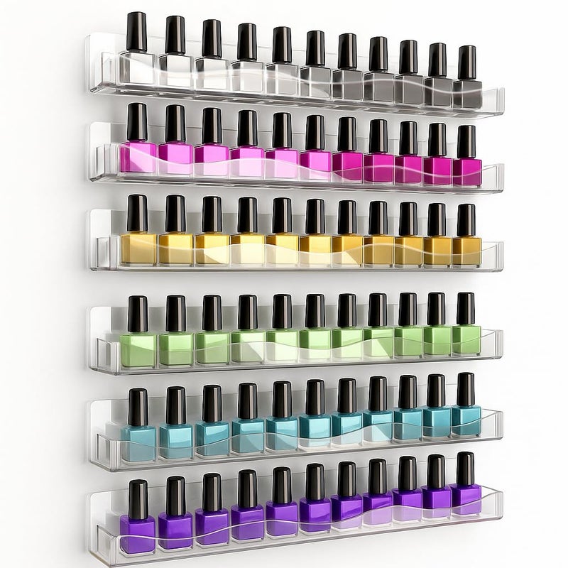 YMVV Clear Acrylic Nail Polish Rack Wall Mounted Shelf,6 Pack Organizer with Unique Wavy Lines,Nail Supplies for Techs,Great Display Salons Retailers - Image 1