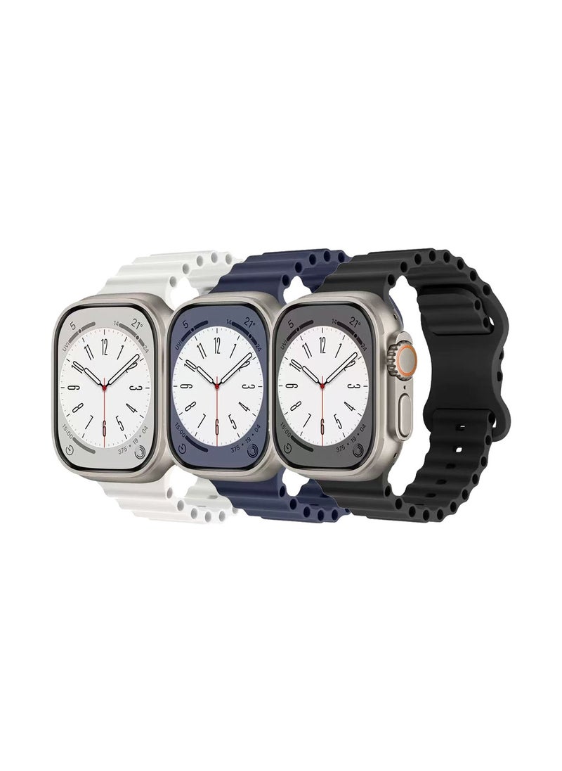 DKNG - 3 Pack Ocean Strap Compatible Apple Strap Ultra 2, 38mm/40mm/41mm Men's & Women's, Wavy Silicone Sport Strap with iWatch Ultra 2/1 Series 10/9/8/7/6/5/4/3/2/1 SE White/Blue/Black - Image 1
