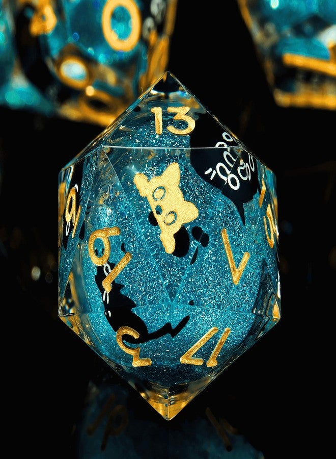 Froggod Liquid Core Cat DND Dice Set 7Pcs with Box- Sharp Edge D&D Dice with Gift Box, for Dungeons and Dragons RPG MTG D and D Role Playing Resin Blue Cathead - Image 1