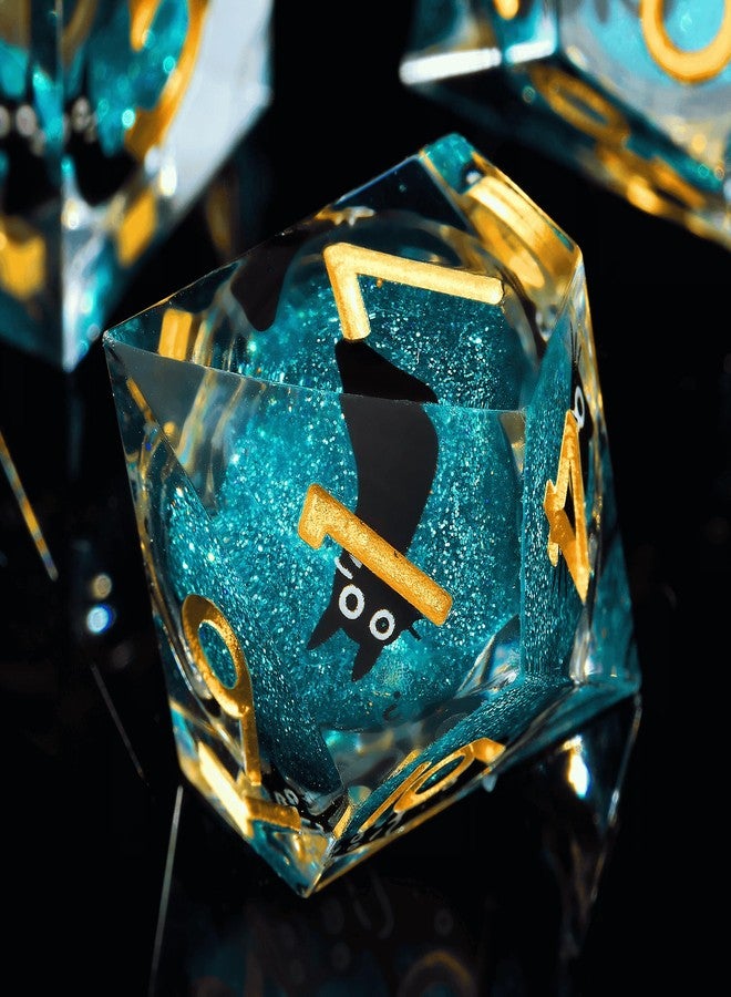 Froggod Liquid Core Cat DND Dice Set 7Pcs with Box- Sharp Edge D&D Dice with Gift Box, for Dungeons and Dragons RPG MTG D and D Role Playing Resin Blue Cathead - Image 5