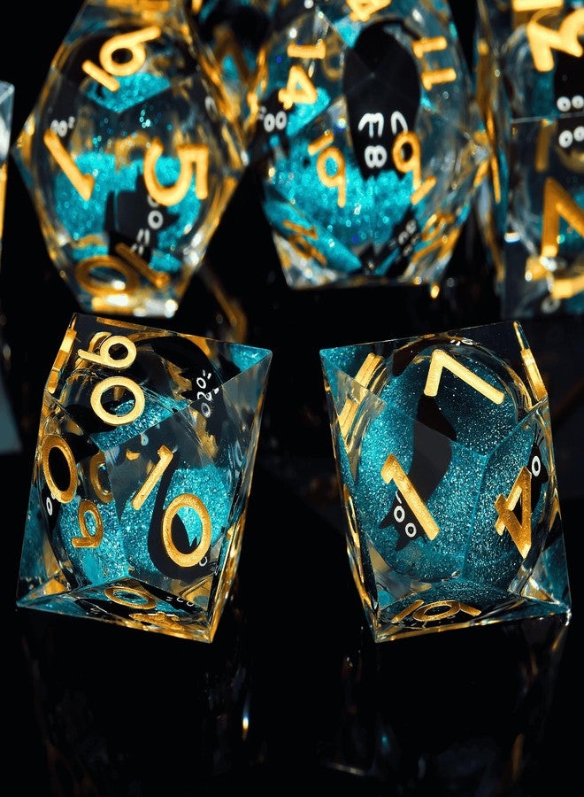 Froggod Liquid Core Cat DND Dice Set 7Pcs with Box- Sharp Edge D&D Dice with Gift Box, for Dungeons and Dragons RPG MTG D and D Role Playing Resin Blue Cathead - Image 4