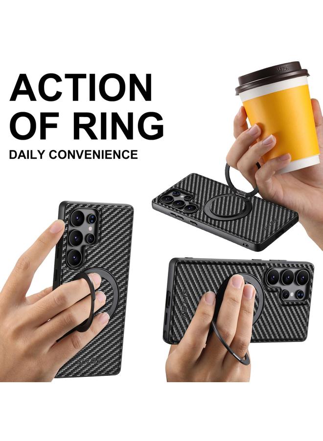 Suteni Case For Samsung Galaxy S25 Ultra 5G G3 Carbon Fiber Leather 360 Rotation Holder MagSafe Phone Case - Image 3