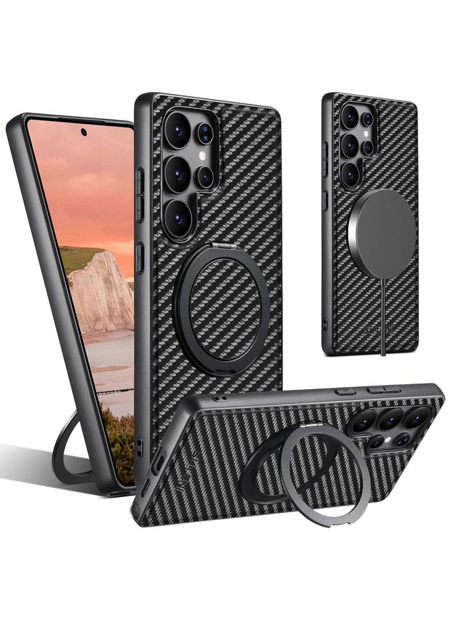 Suteni Case For Samsung Galaxy S25 Ultra 5G G3 Carbon Fiber Leather 360 Rotation Holder MagSafe Phone Case - Image 1
