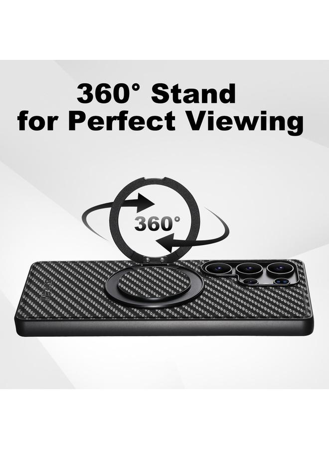 Suteni Case For Samsung Galaxy S25 Ultra 5G G3 Carbon Fiber Leather 360 Rotation Holder MagSafe Phone Case - Image 4