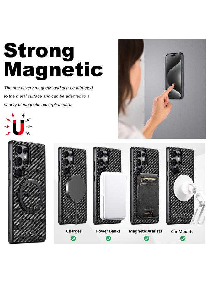 Suteni Case For Samsung Galaxy S25 Ultra 5G G3 Carbon Fiber Leather 360 Rotation Holder MagSafe Phone Case - Image 5