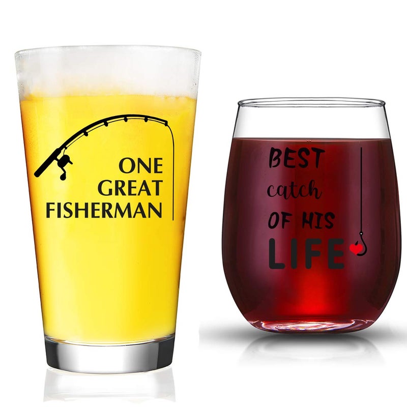 JERIO One Great Fisherman, Best Catch of His Life Glass Set Couple Gift for Engagement, Wedding, Anniversary Gi Bridal Shower Gift For Bride - Image 1