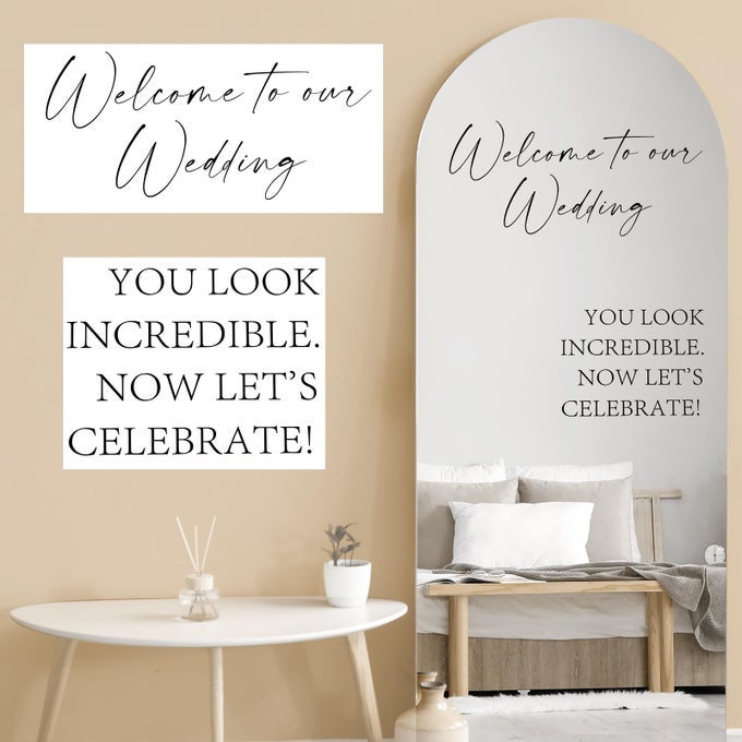 2 Pcs Welcome to Our Wedding Mirror Decal Vinyl Lettering Decal Sticker Removable Letters Wedding Decals for Mirrors Glass Window Sign Marriage DecorationClassic StyleBlack