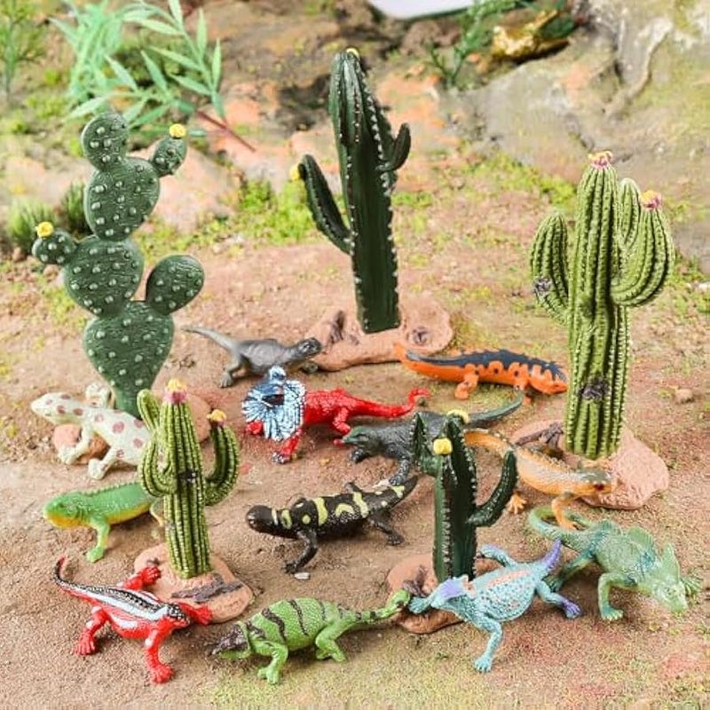 Desert Animal Figurines Set with Model Cactus - Artificial Greenery Plant Fake Cacti - Desert Diorama Project - Great for Sand Table Landscape Scene Accessories Decoration - Image 2