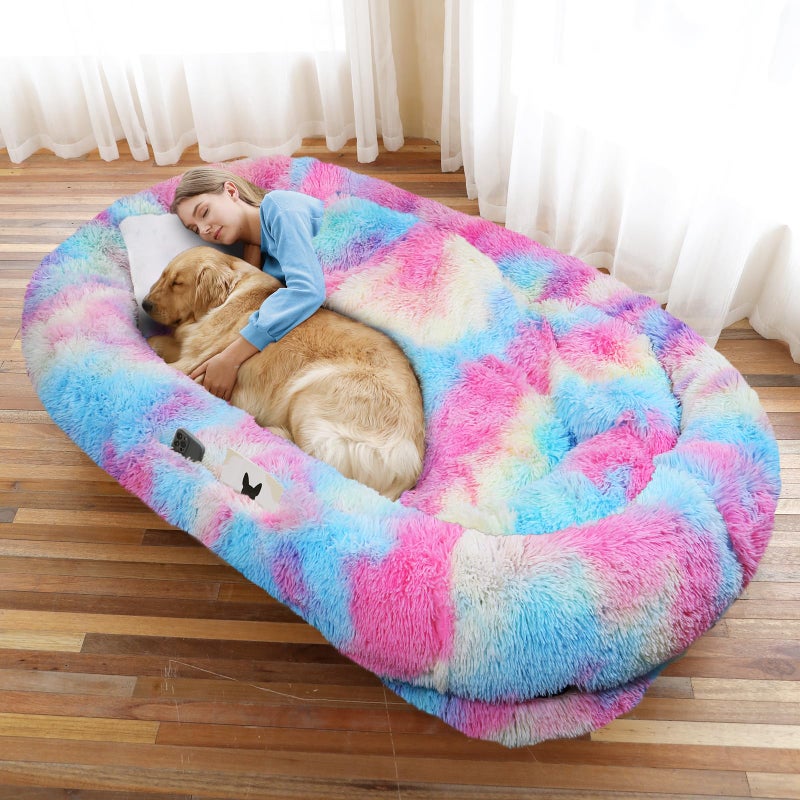 WROS Human Dog Bed, 71''x45''x12'' Size Fits You and Pets, Washable Faux Fur Pet Bed for People Doze Off, Napping Orthopedic Dog Bed, Present Plump Pillow, Blanket, Strap - Rainbow - Image 1