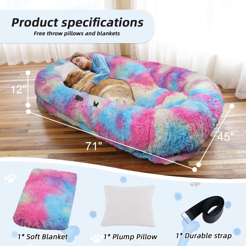 WROS Human Dog Bed, 71''x45''x12'' Size Fits You and Pets, Washable Faux Fur Pet Bed for People Doze Off, Napping Orthopedic Dog Bed, Present Plump Pillow, Blanket, Strap - Rainbow - Image 5