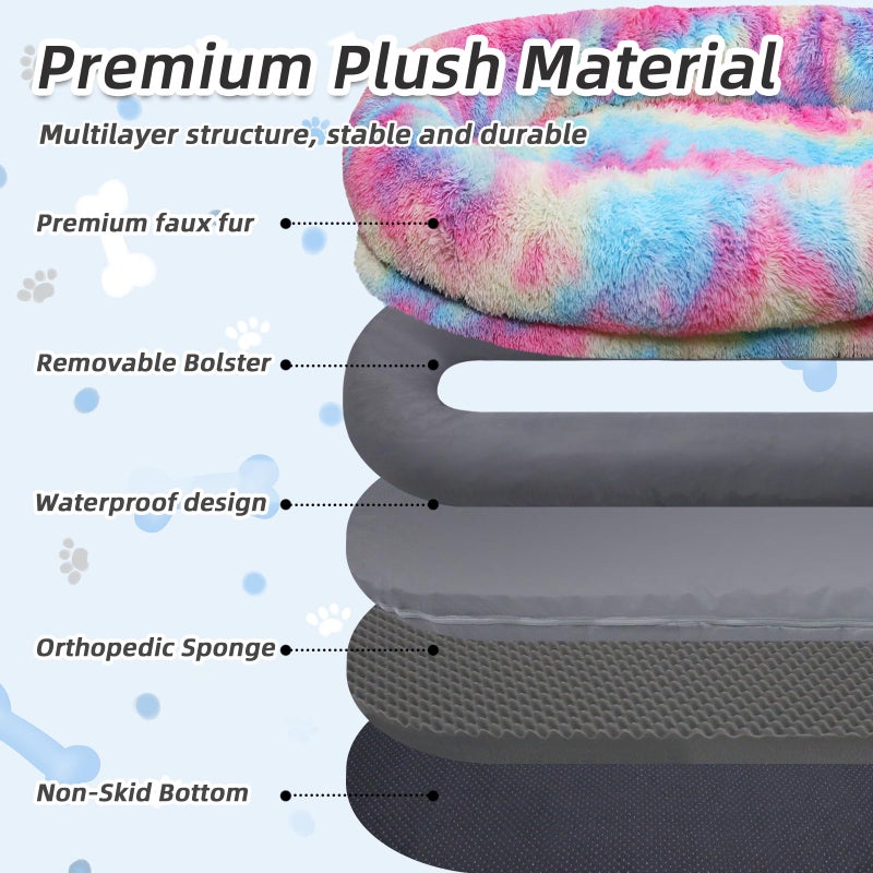 WROS Human Dog Bed, 71''x45''x12'' Size Fits You and Pets, Washable Faux Fur Pet Bed for People Doze Off, Napping Orthopedic Dog Bed, Present Plump Pillow, Blanket, Strap - Rainbow - Image 4