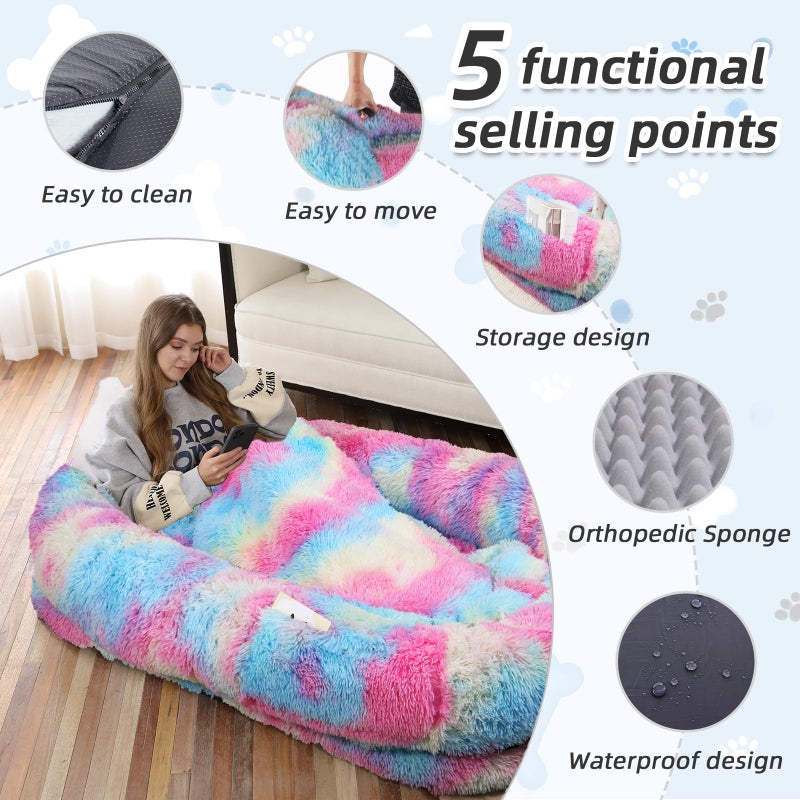 WROS Human Dog Bed, 71''x45''x12'' Size Fits You and Pets, Washable Faux Fur Pet Bed for People Doze Off, Napping Orthopedic Dog Bed, Present Plump Pillow, Blanket, Strap - Rainbow - Image 3