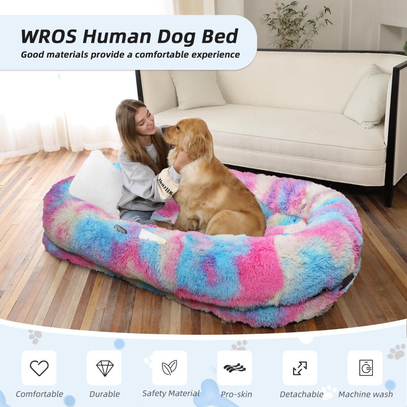 WROS Human Dog Bed, 71''x45''x12'' Size Fits You and Pets, Washable Faux Fur Pet Bed for People Doze Off, Napping Orthopedic Dog Bed, Present Plump Pillow, Blanket, Strap - Rainbow - Image 2