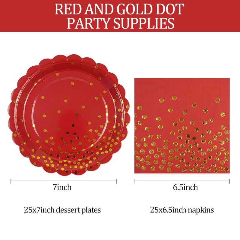 Hfbobp 50Pcs Red Paper Plates And Napkins Set - Red And Gold Dot Disposable Party Plates Dinnerware Party Supplies Decorations For Birthdays  Christmas  Engagement And Weddings - Image 3
