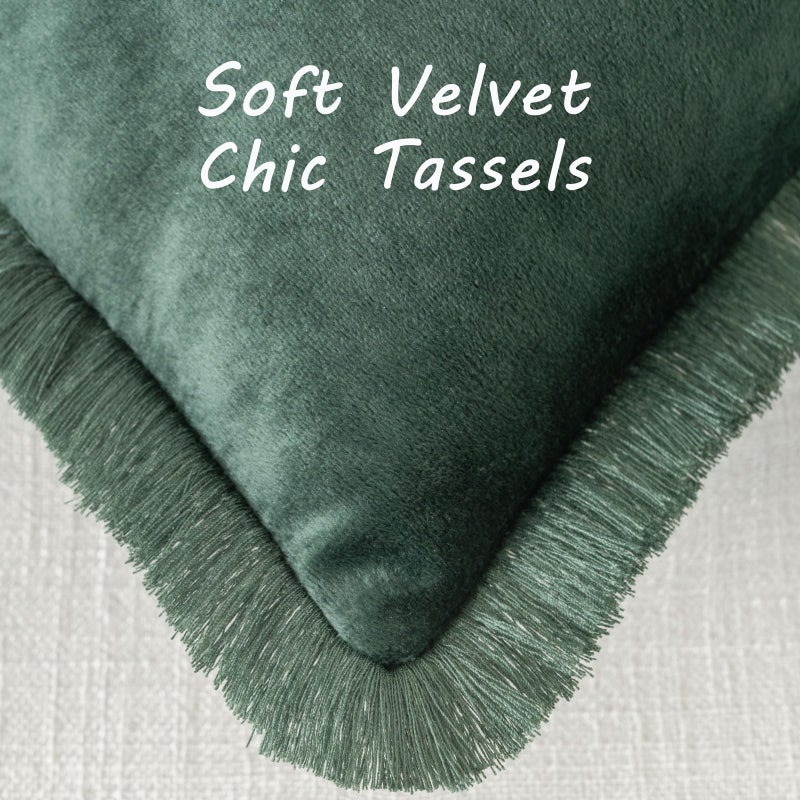 FUTEI Army Green Boho Throw Pillow Covers with Tassels 16x16 Inch Set of 2 Soft Velvet Decorative Cushion Case Home Decor for Couch Bed Living Room - Image 2