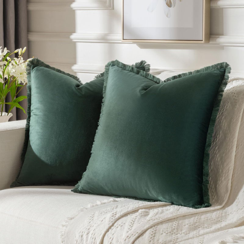 FUTEI Army Green Boho Throw Pillow Covers with Tassels 16x16 Inch Set of 2 Soft Velvet Decorative Cushion Case Home Decor for Couch Bed Living Room - Image 1