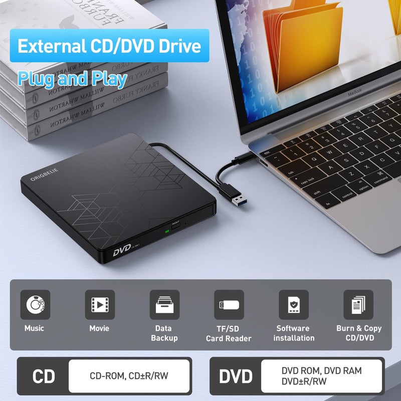 ORIGBELIE External CD DVD Drive, CD Burner USB 3.0 with 2 USB Ports and 2 TF/SD Card Slots, Optical Disk Drive for Laptop Mac, PC Windows 11/10/8/7 Linux OS with Carrying Case - Image 2