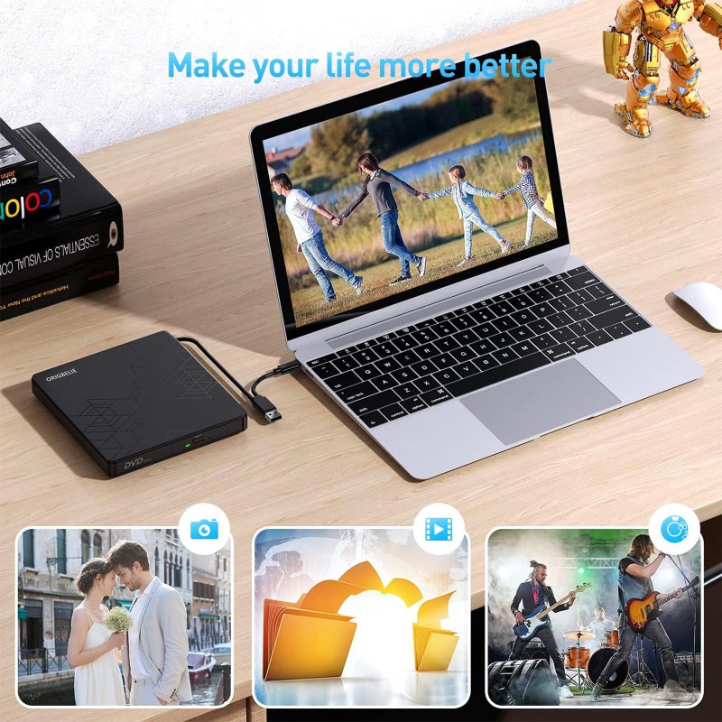ORIGBELIE External CD DVD Drive, CD Burner USB 3.0 with 2 USB Ports and 2 TF/SD Card Slots, Optical Disk Drive for Laptop Mac, PC Windows 11/10/8/7 Linux OS with Carrying Case - Image 4
