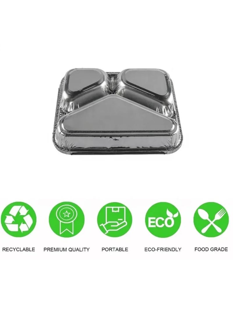 صينية ألومنيوم مقسمة 3 خانات | حافظة طعام للاستعمال مرة واحدة – مناسبة للغداء، العزومات، والرحلات (20 قطعه) - Image 2