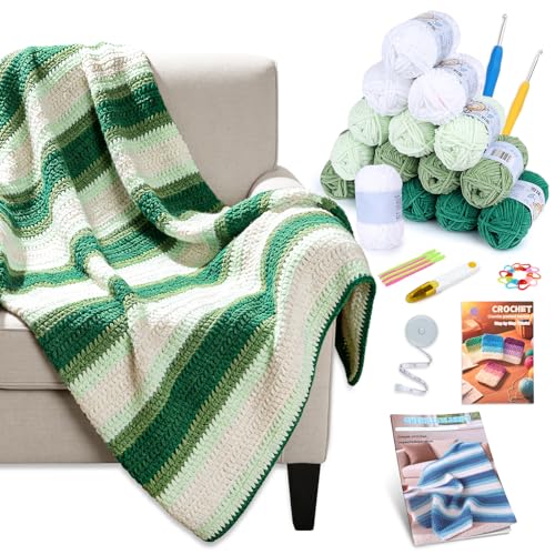 Reessy Crochet Blanket Kit for Beginners Adults – Gradient Green Ombre Throw Blanket Kit with Soft Chenille Yarn, Hooks & Instructions – Handmade Crochet Starter Set for Adults - Image 1