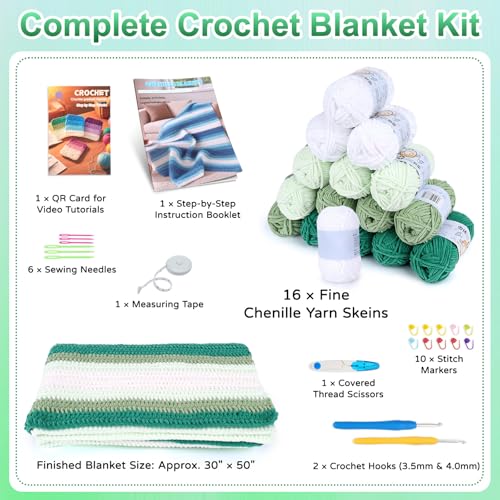 Reessy Crochet Blanket Kit for Beginners Adults – Gradient Green Ombre Throw Blanket Kit with Soft Chenille Yarn, Hooks & Instructions – Handmade Crochet Starter Set for Adults - Image 4