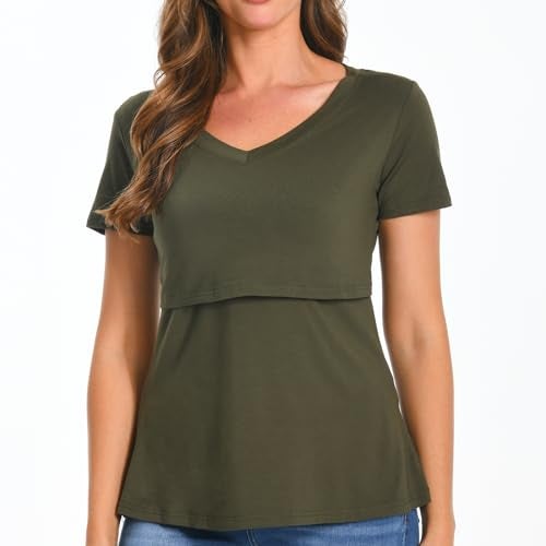 Bearsland Womens 3 Packs V Neck Nursing Tops Maternity Breastfeeding Tee Shirts,Black+ArmyGreen+Brown,L - Image 2