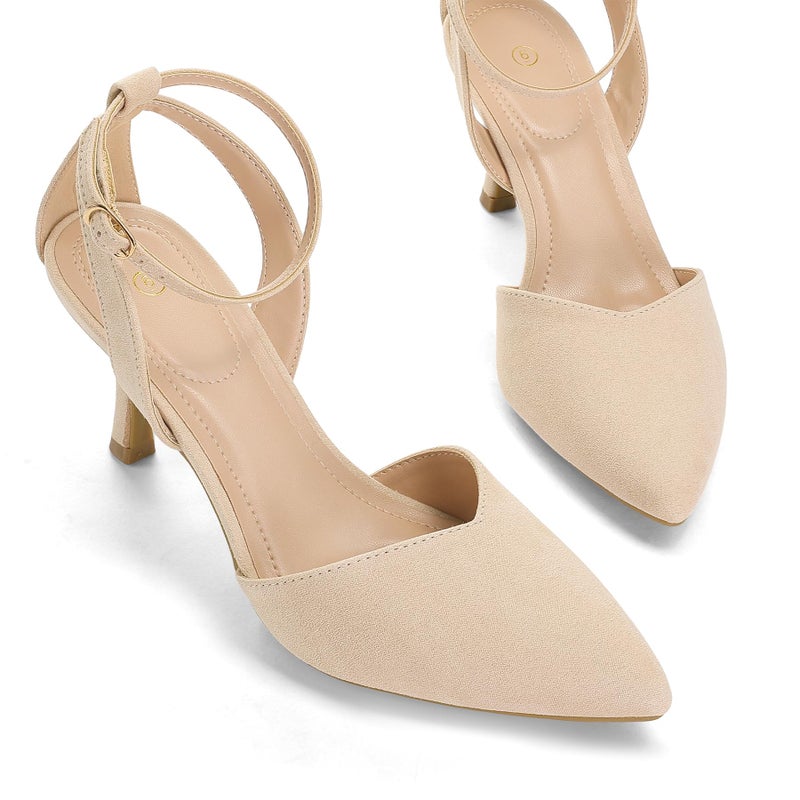 mysoft Women's Pumps Shoes Pointed Toe Kitten Low Heels Stiletto Ankle Strap Closed Toe Wedding Party Dress Sandals Nude Suede - Image 5