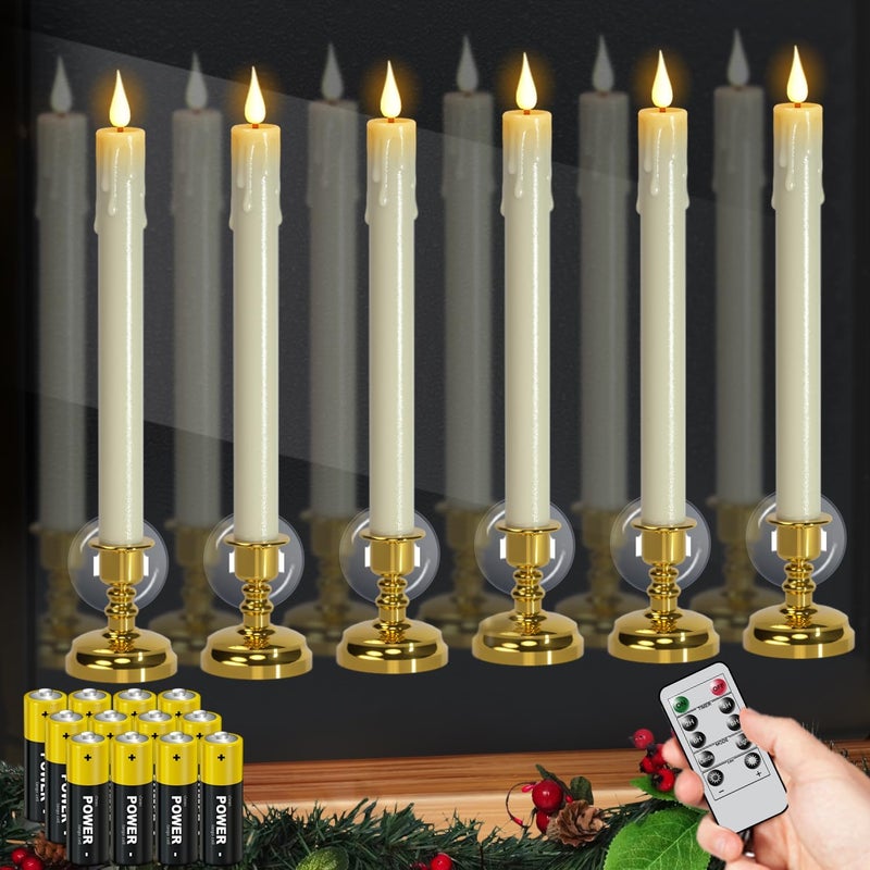 DRomance Christmas Flameless Window Taper Candles Battery Operated with Remote and Timer, 6 Pack Ivory Plastic Dripping LED Flickering Candles with Suction Cups Holiday Indoor Decor(Gold Holders) - Image 1