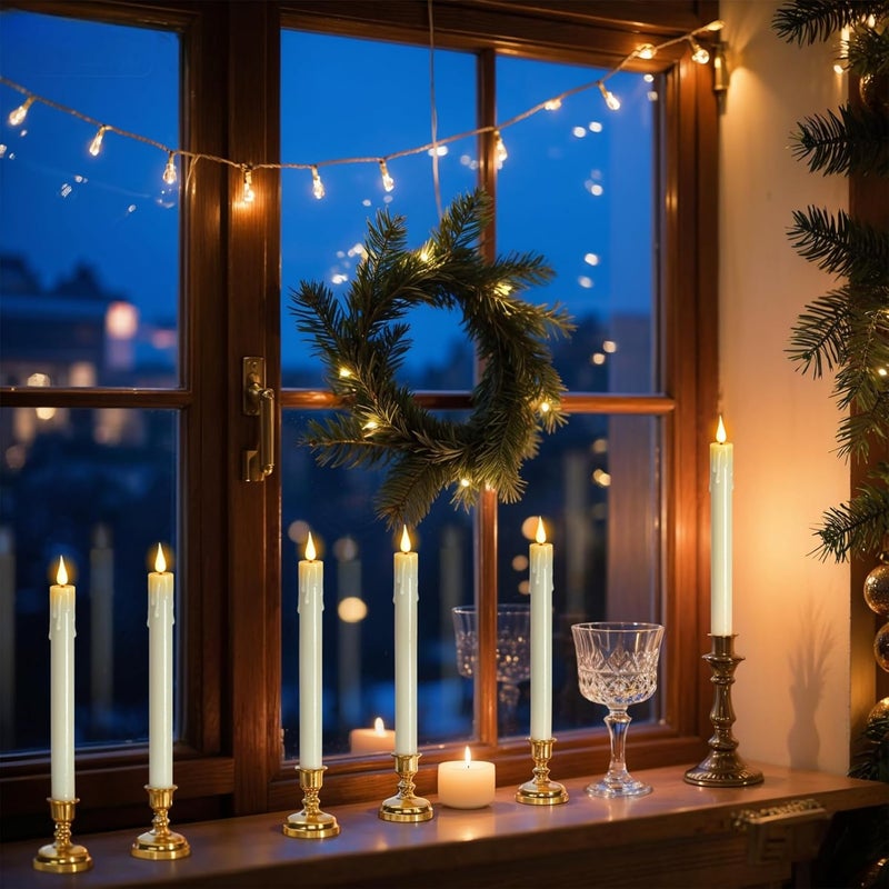 DRomance Christmas Flameless Window Taper Candles Battery Operated with Remote and Timer, 6 Pack Ivory Plastic Dripping LED Flickering Candles with Suction Cups Holiday Indoor Decor(Gold Holders) - Image 3