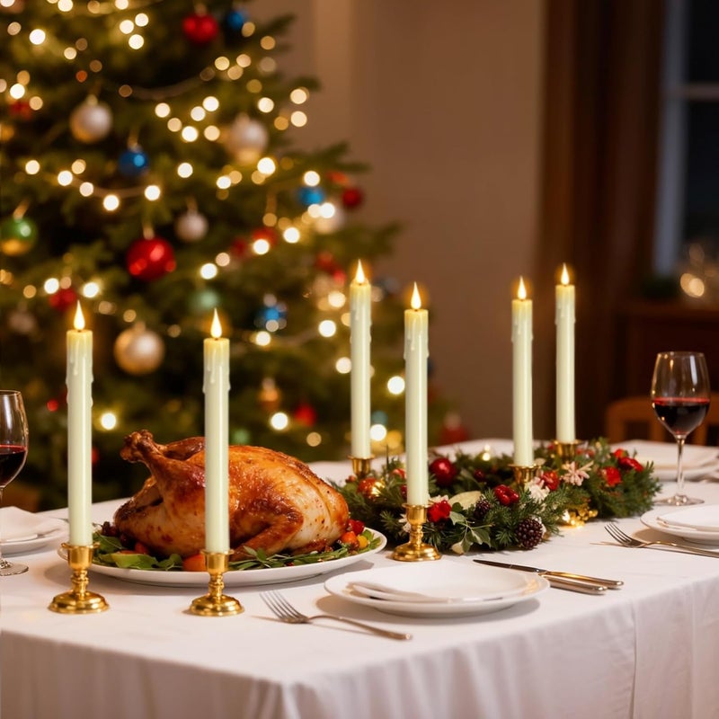 DRomance Christmas Flameless Window Taper Candles Battery Operated with Remote and Timer, 6 Pack Ivory Plastic Dripping LED Flickering Candles with Suction Cups Holiday Indoor Decor(Gold Holders) - Image 4