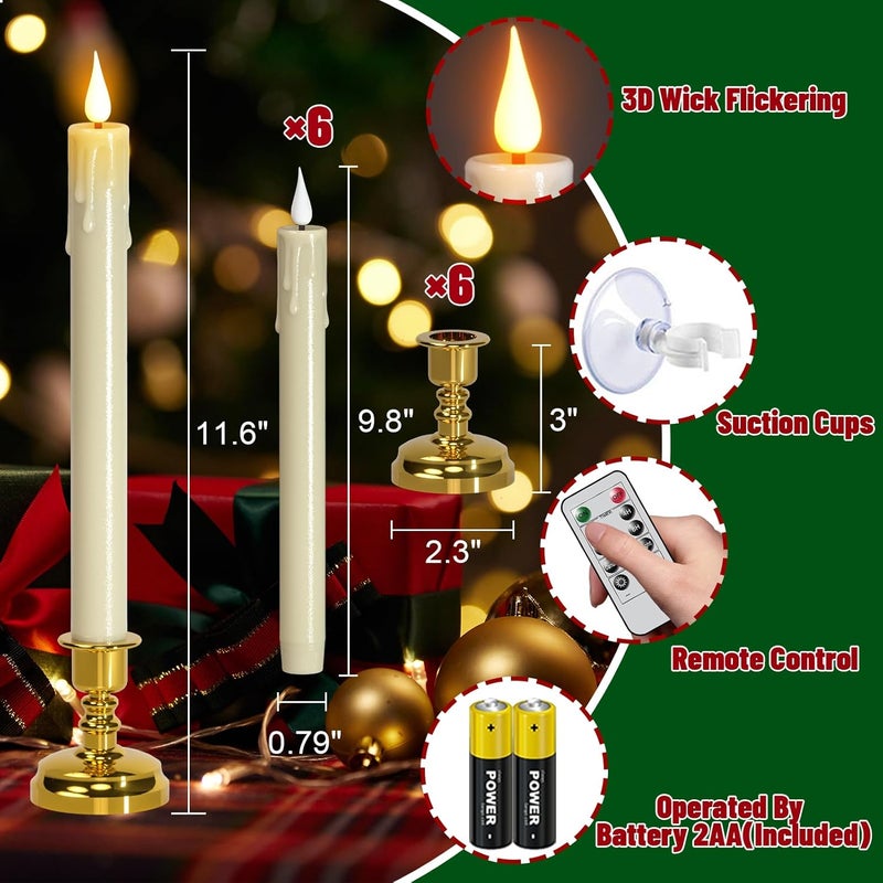 DRomance Christmas Flameless Window Taper Candles Battery Operated with Remote and Timer, 6 Pack Ivory Plastic Dripping LED Flickering Candles with Suction Cups Holiday Indoor Decor(Gold Holders) - Image 2