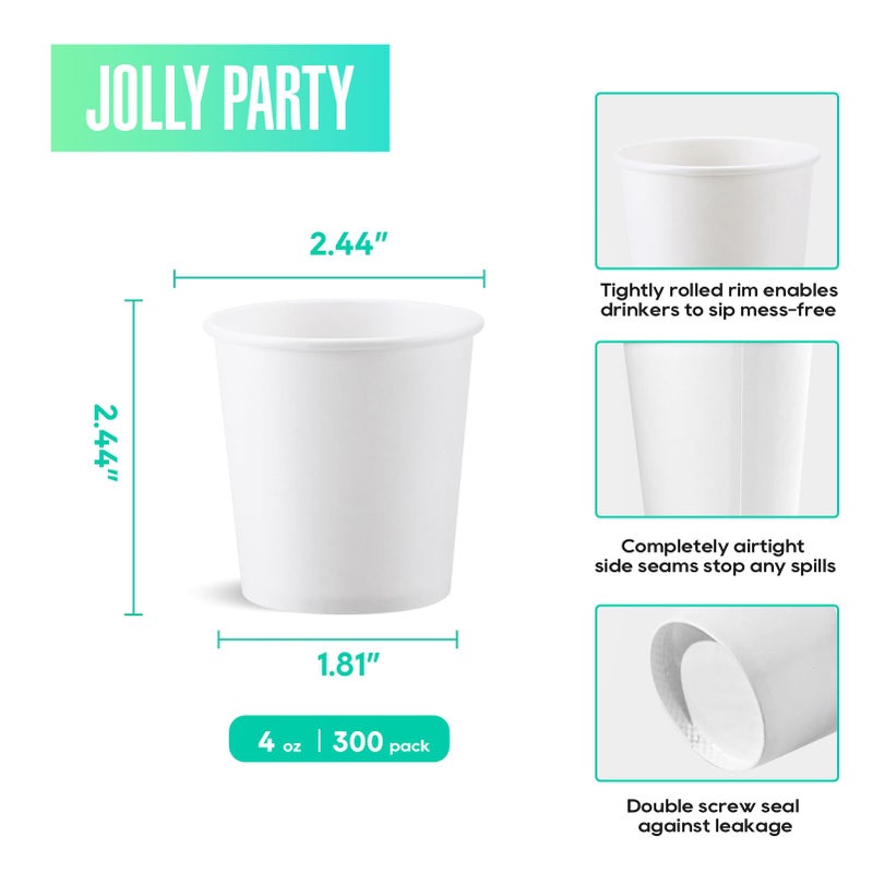 JOLLY PARTY أكواب قهوة ورقية قابلة للتصرف 300 حزمة 4 أونصات لحفلة جولي للمشروبات الساخنة/الباردة للماء، أكواب قهوة ورقية بيضاء ساخنة - Image 3