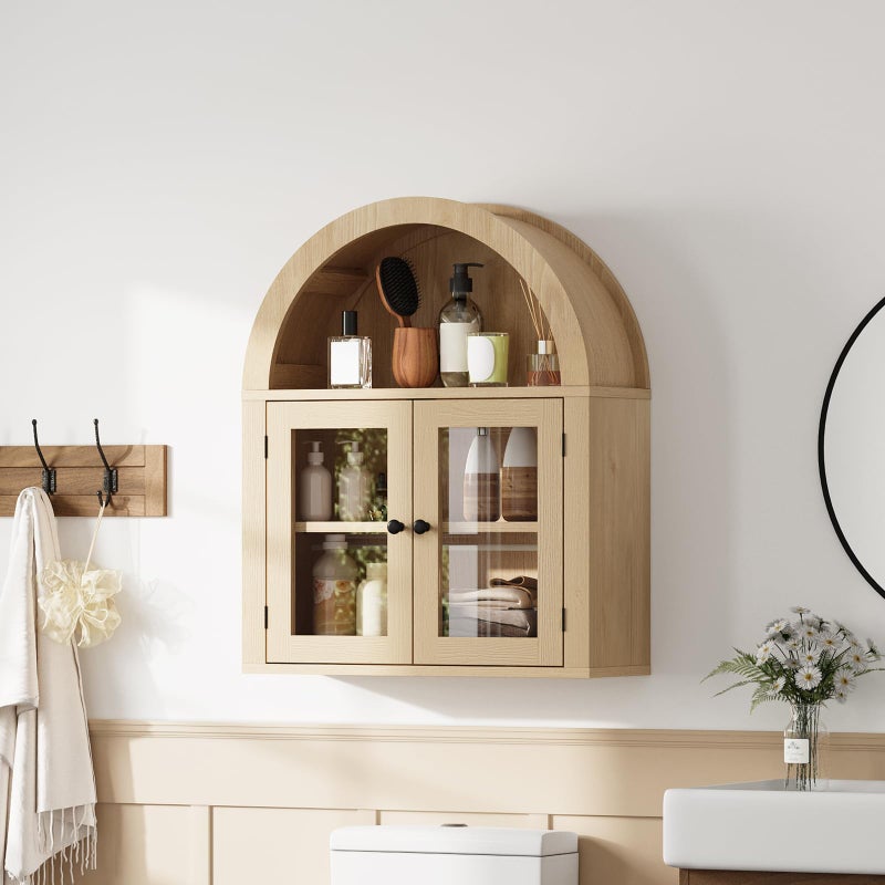 ChooChoo Arched Wall Cabinet, Bathroom Cabinet Wall Mount Over The Toilet with Display Shelf, Double Door Medicine Cabinet, Wooden Storage Cabinet for Kitchen, Living Room or Entryway, Walnut - Image 2