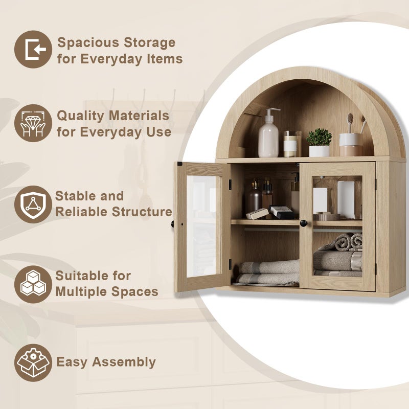 ChooChoo Arched Wall Cabinet, Bathroom Cabinet Wall Mount Over The Toilet with Display Shelf, Double Door Medicine Cabinet, Wooden Storage Cabinet for Kitchen, Living Room or Entryway, Walnut - Image 5