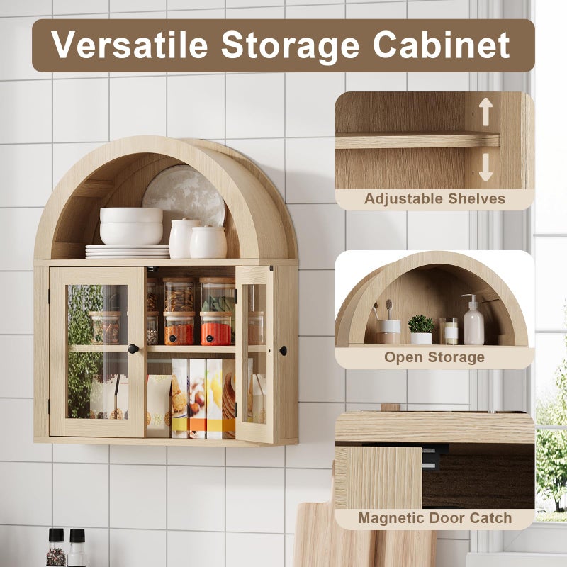 ChooChoo Arched Wall Cabinet, Bathroom Cabinet Wall Mount Over The Toilet with Display Shelf, Double Door Medicine Cabinet, Wooden Storage Cabinet for Kitchen, Living Room or Entryway, Walnut - Image 4