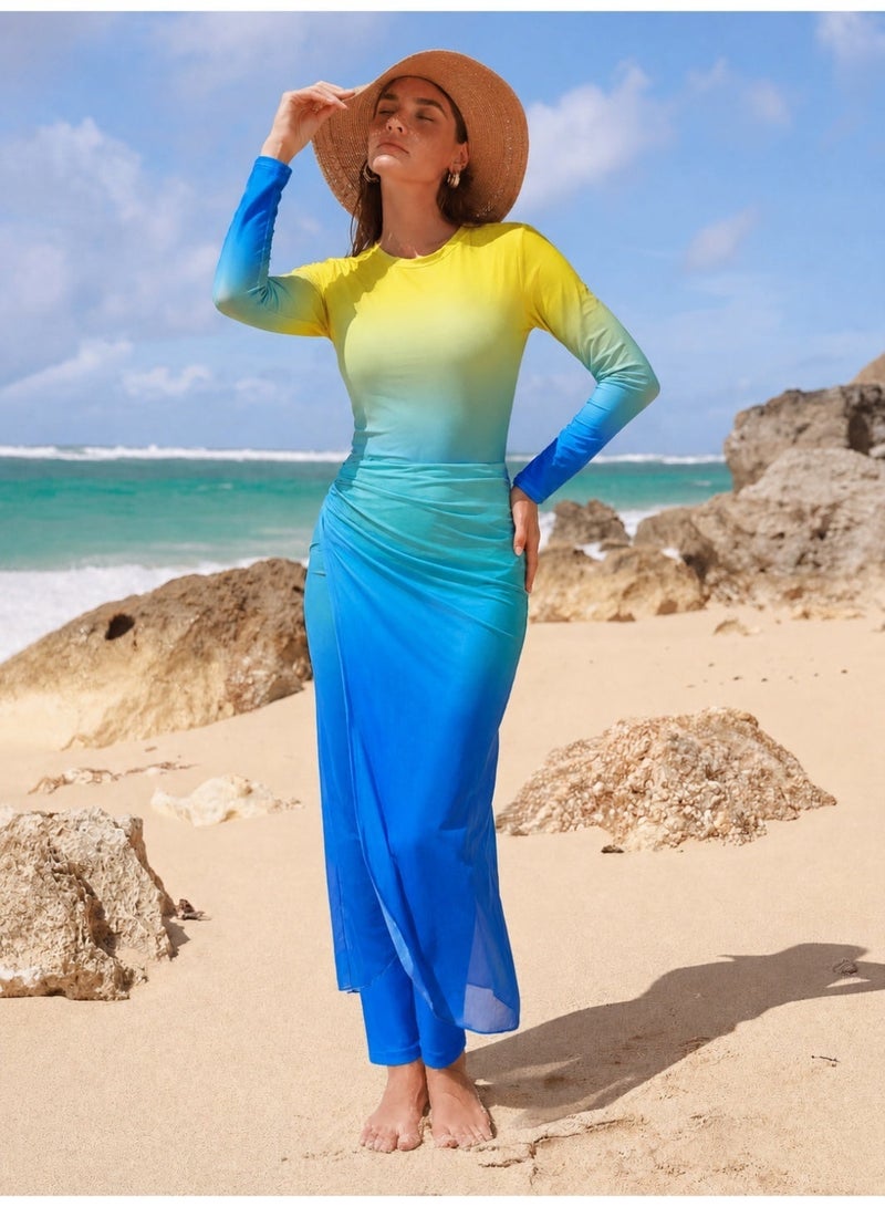 Fianser Women 3 Piece Burkini Set Modest Swimwear Long Sleeve Swimsuit with Full Length Pants and Chiffon Swim Skirt Yellow Green Blue Gradient Islamic Muslim Swimwear UV Protection Quick Dry Waterproof Beachwear - Image 1