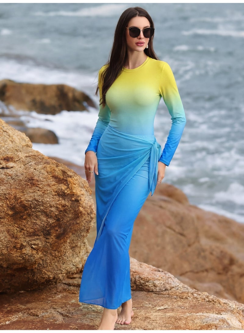 Fianser Women 3 Piece Burkini Set Modest Swimwear Long Sleeve Swimsuit with Full Length Pants and Chiffon Swim Skirt Yellow Green Blue Gradient Islamic Muslim Swimwear UV Protection Quick Dry Waterproof Beachwear - Image 4