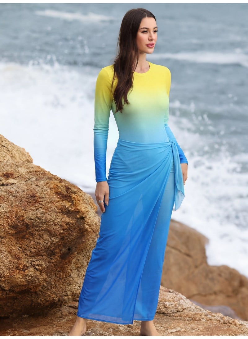 Fianser Women 3 Piece Burkini Set Modest Swimwear Long Sleeve Swimsuit with Full Length Pants and Chiffon Swim Skirt Yellow Green Blue Gradient Islamic Muslim Swimwear UV Protection Quick Dry Waterproof Beachwear - Image 5