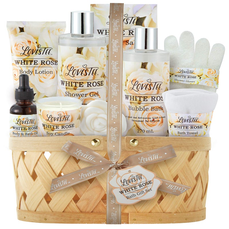 Lovestee Mothers Day Gifts Bath & Body Spa Gift Basket for Women, Best Gift for Mother's Day & Birthday, White Rose Set Body Lotion, Shower Gel, Bubble Bath, Bath Salt, Towel, Soap, Oil, Candle, Gloves, - Image 1
