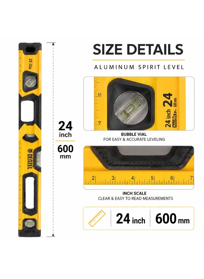 DENZEL Box Level 24 Inch / 600mm Magnetic Spirit Level With Ruler, Heavy Duty Aluminium Bubble Level Tool For Construction, Carpentry, Wall Mounting, Tile Work And DIY - Image 2